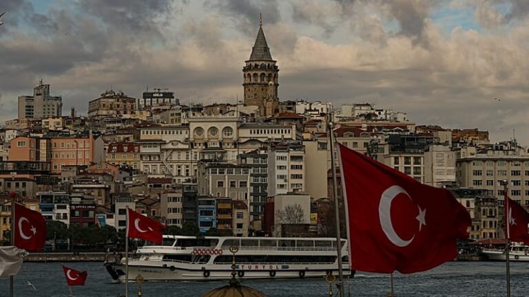Polish and Turkish flags with cityscape background